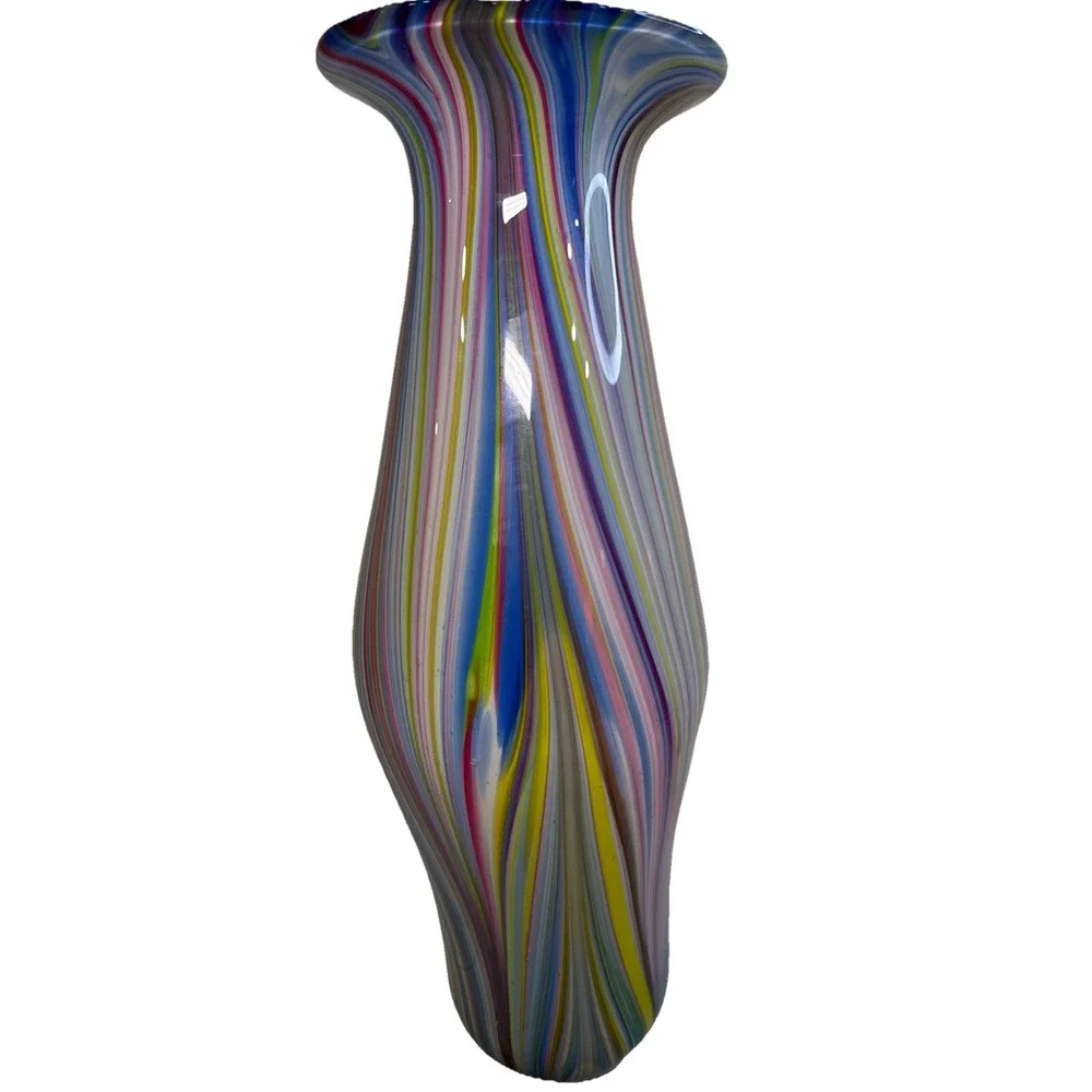 Hand Blown Rainbow Striped Art Glass Vase Tall Hourglass Multicolor 18.5 Inch